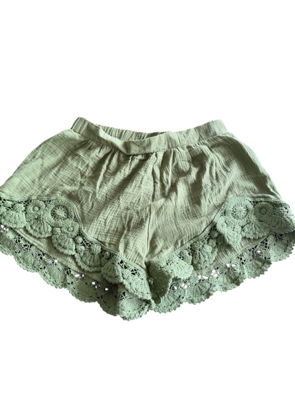 NWT Umgee Sage Green Cotton Gauze Boho Shorts Scalloped Floral Lace Hem Size L